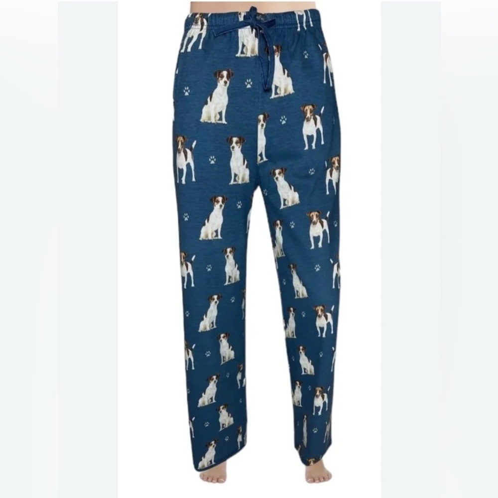 NWOT Comfies Jack Russell Dog Unisex Cotton Blend Pajama Bottoms Blue Print Sz M